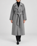 Women's Long Belted Coat with Raglan Sleeves and Side Pockets in Grey – Front View