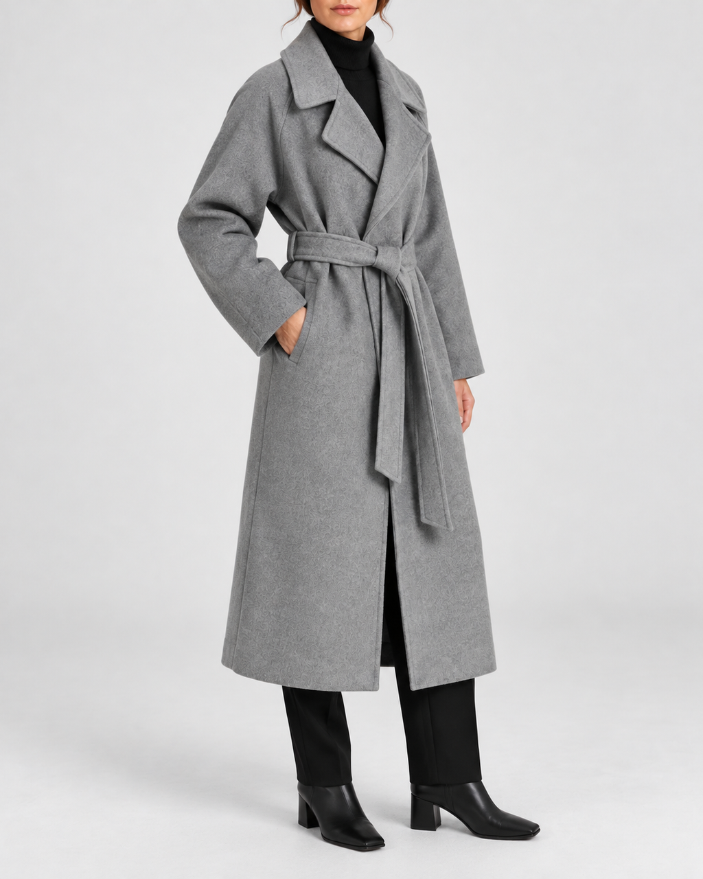 Women's Long Belted Coat with Raglan Sleeves and Side Pockets in Grey – Three-Quarter View