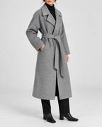 Women's Long Belted Coat with Raglan Sleeves and Side Pockets in Grey – Three-Quarter View