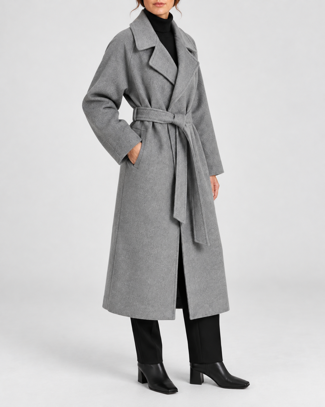 Women's Long Belted Coat with Raglan Sleeves and Side Pockets in Grey – Three-Quarter View