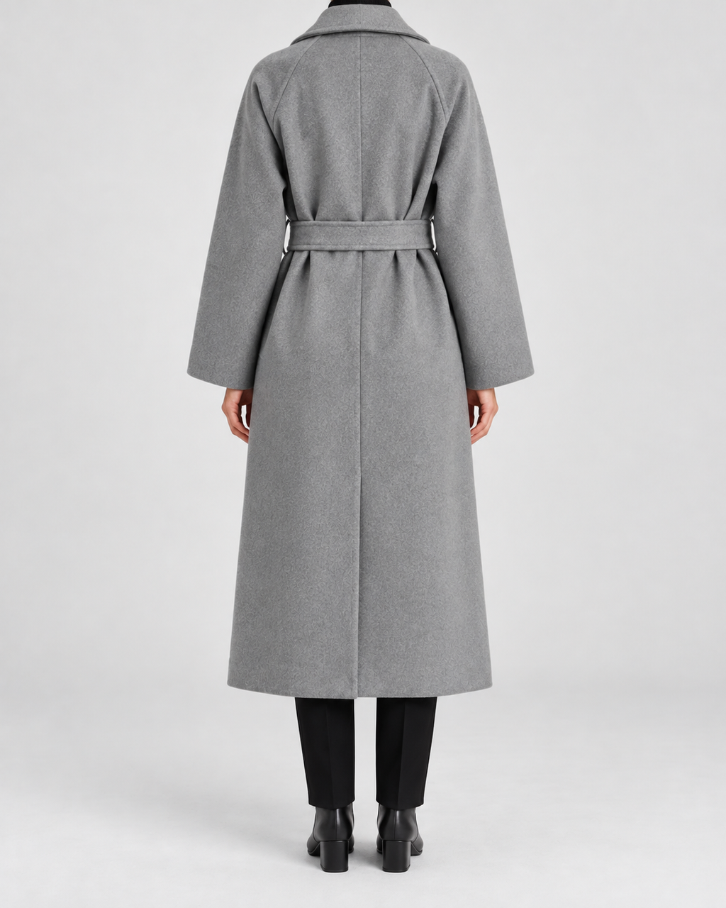 Women's Long Belted Coat with Raglan Sleeves and Side Pockets in Grey – Back View