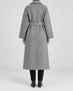 Women's Long Belted Coat with Raglan Sleeves and Side Pockets in Grey – Back View