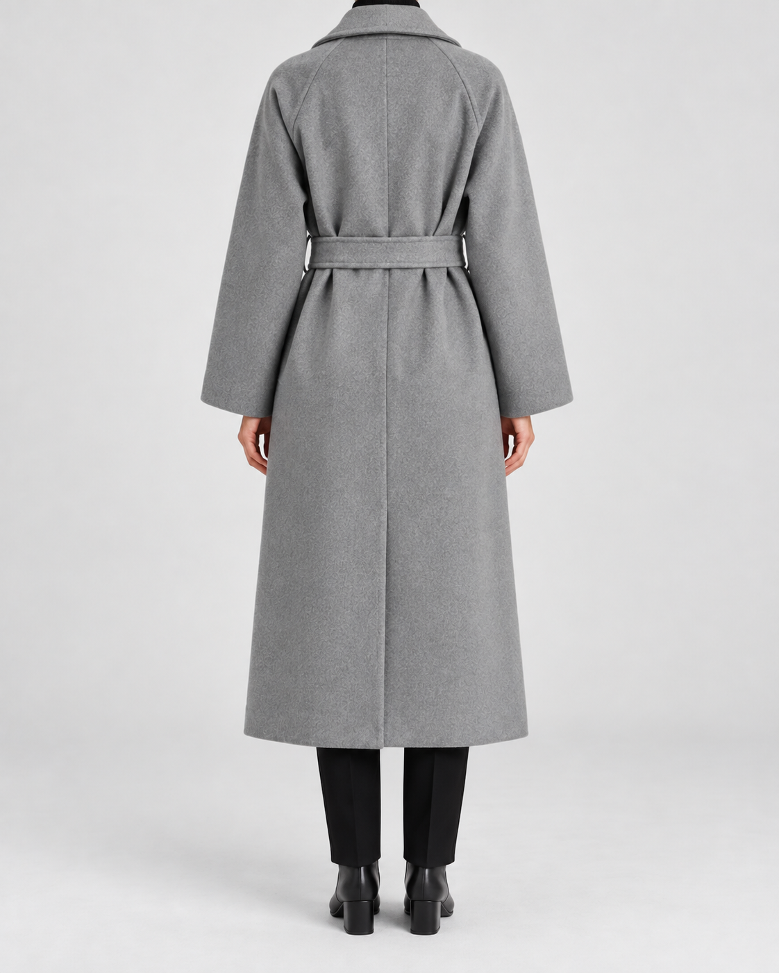 Women's Long Belted Coat with Raglan Sleeves and Side Pockets in Grey – Back View