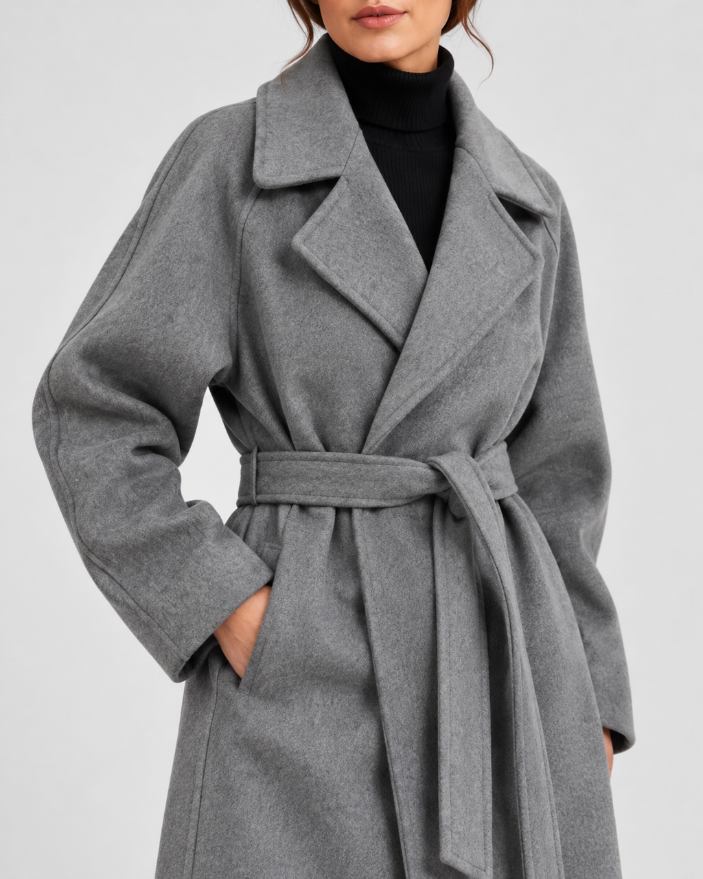 Women's Long Belted Coat with Raglan Sleeves and Side Pockets in Grey – Detail