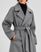 Women's Long Belted Coat with Raglan Sleeves and Side Pockets in Grey – Detail