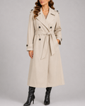 Women's Long Belted Trench Coat with Double Breasted Front and Pockets