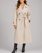 Women's Long Belted Trench Coat with Double Breasted Front and Pockets