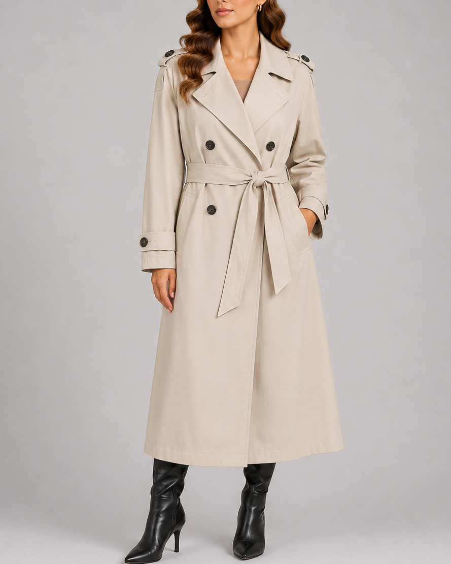 Women's Long Belted Trench Coat with Double Breasted Front and Pockets
