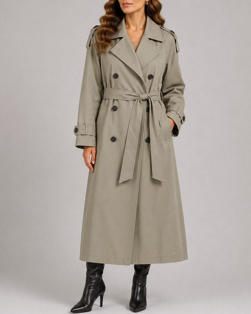 Women's Long Belted Trench Coat with Double Breasted Front and Pockets