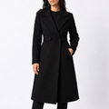 Women's Long Belted Wool Blend Coat with Wide Notch Lapels in Black – Front View