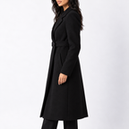 Women's Long Belted Wool Blend Coat with Wide Notch Lapels in Black – Side View