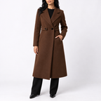 Women's Long Belted Wool Blend Coat with Wide Notch Lapels in Brown – Front View