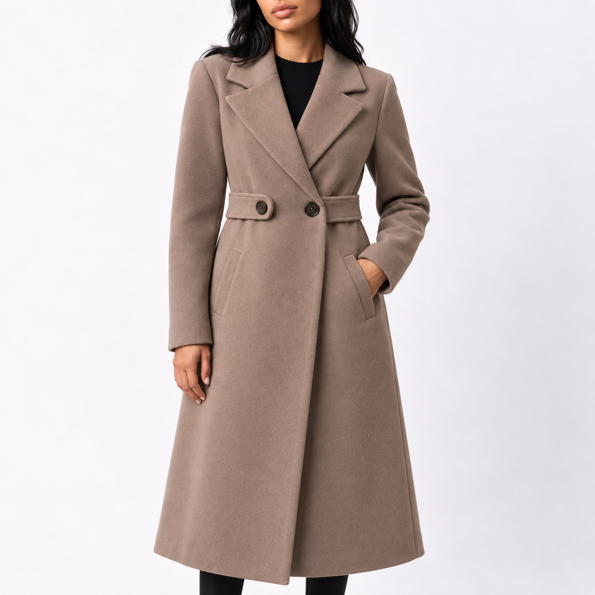 Women's Long Belted Wool Blend Coat with Wide Notch Lapels in Beige – Front View