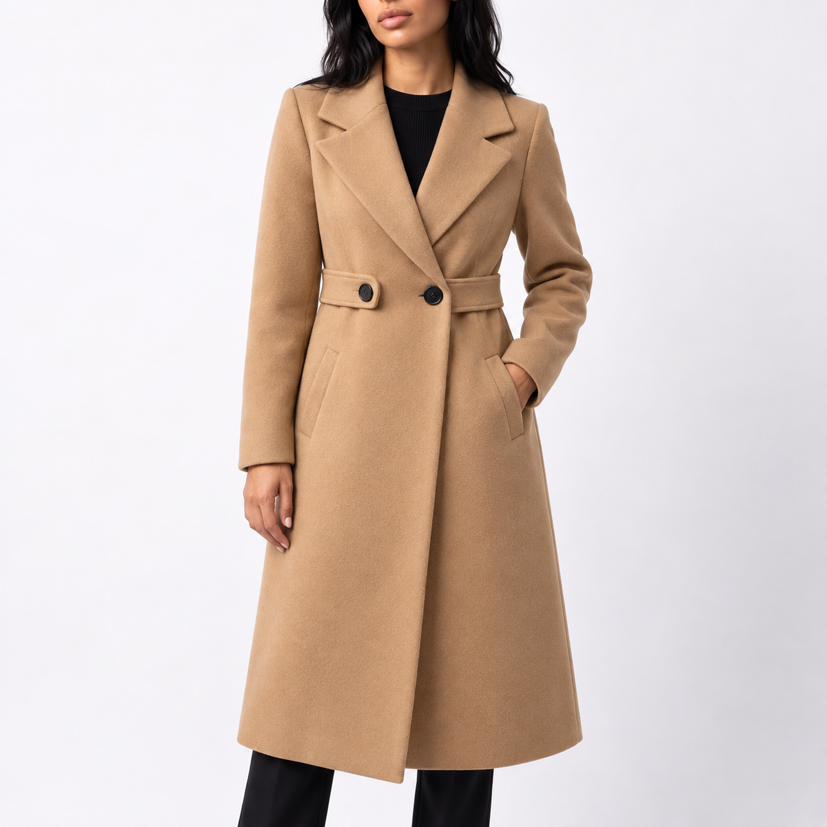 Women's Long Belted Wool Blend Coat with Wide Notch Lapels in Camel – Front View