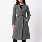 Women's Long Belted Wool Blend Coat with Wide Notch Lapels in Grey – Front View