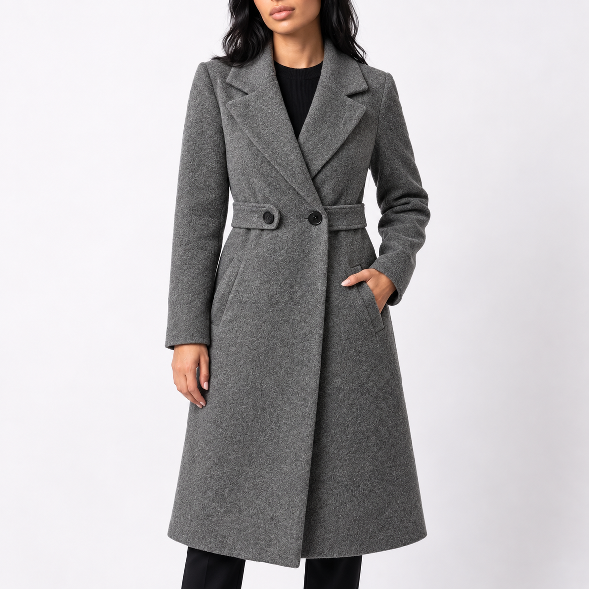 Women's Long Belted Wool Blend Coat with Wide Notch Lapels in Grey – Front View
