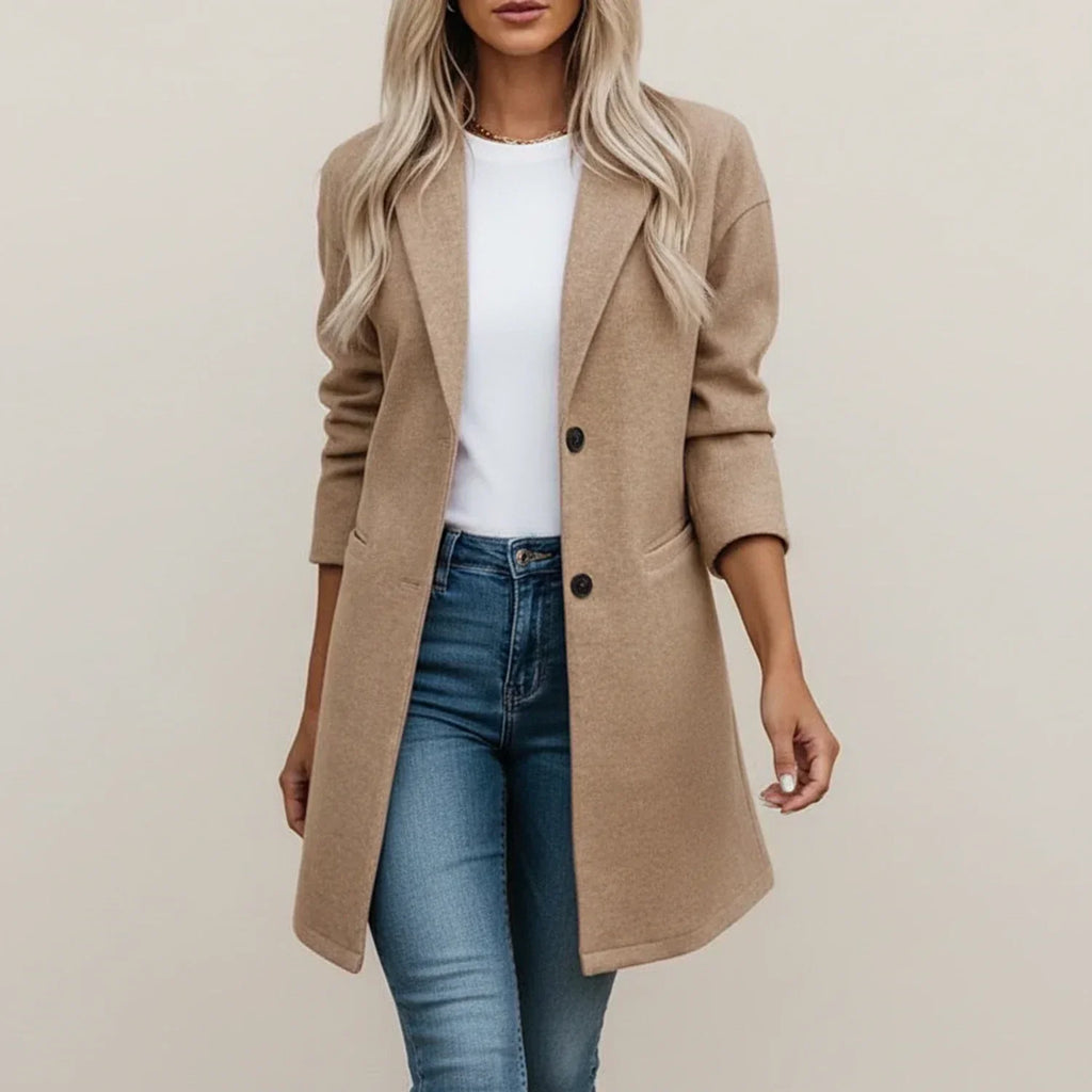 Women's Long Blazer with Lapel Collar and Front Pockets