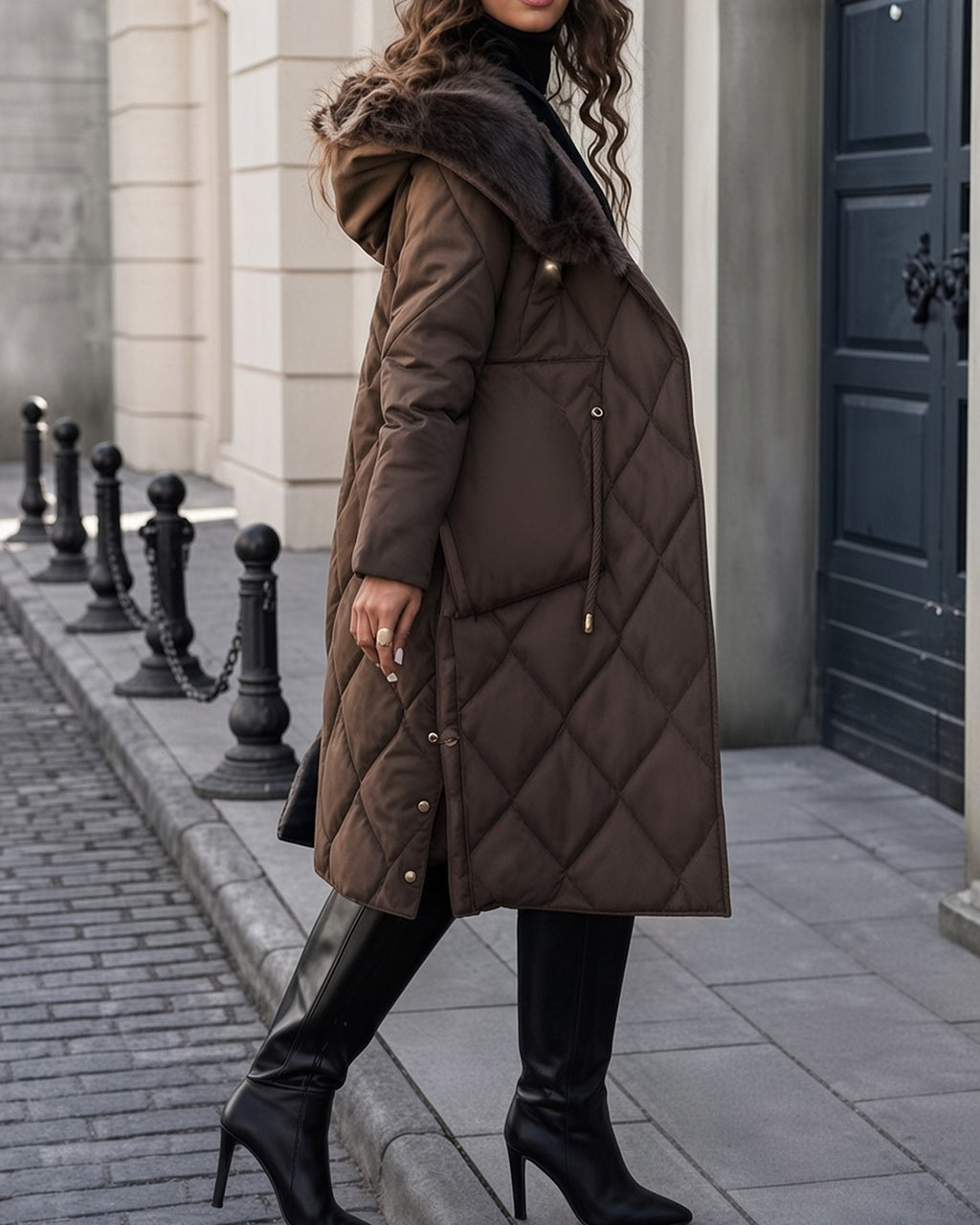 Women's Long Diamond Quilted Hooded Coat with Drawstring Waist in Brown – side view