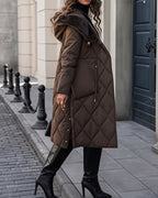 Women's Long Diamond Quilted Hooded Coat with Drawstring Waist in Brown – side view