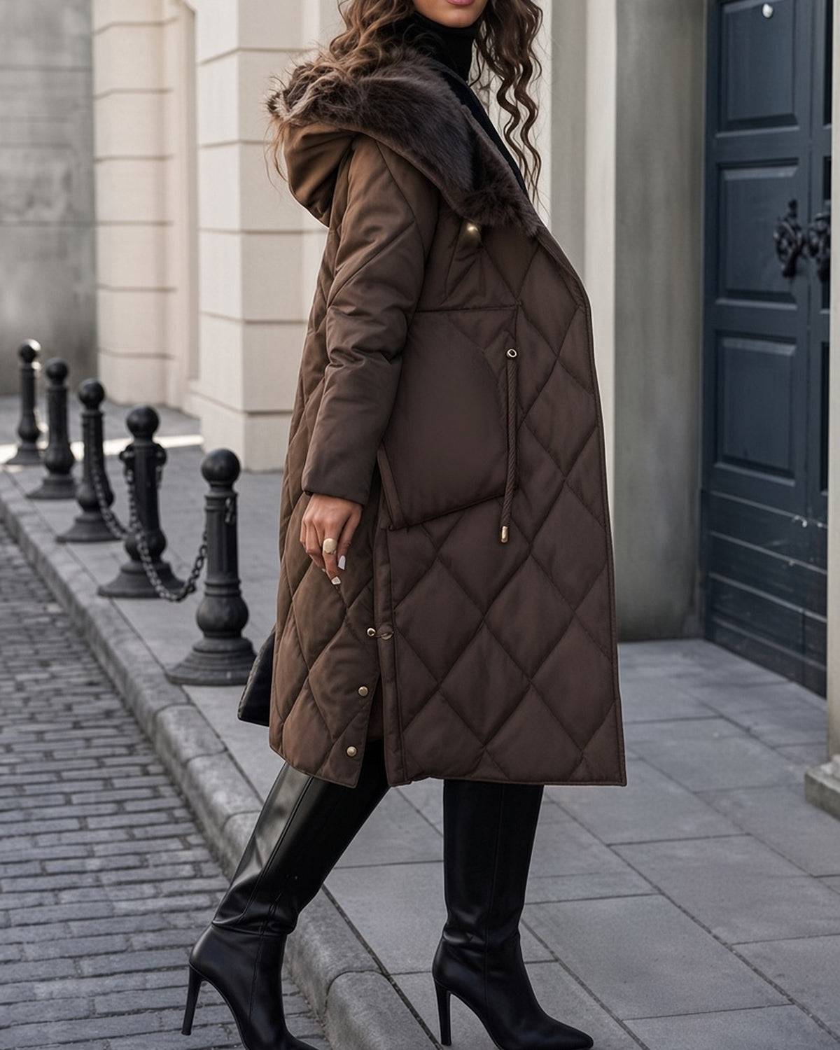 Women's Long Diamond Quilted Hooded Coat with Drawstring Waist in Brown – side view