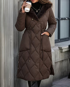 Women's Long Diamond Quilted Hooded Coat with Drawstring Waist in Brown – front detail view