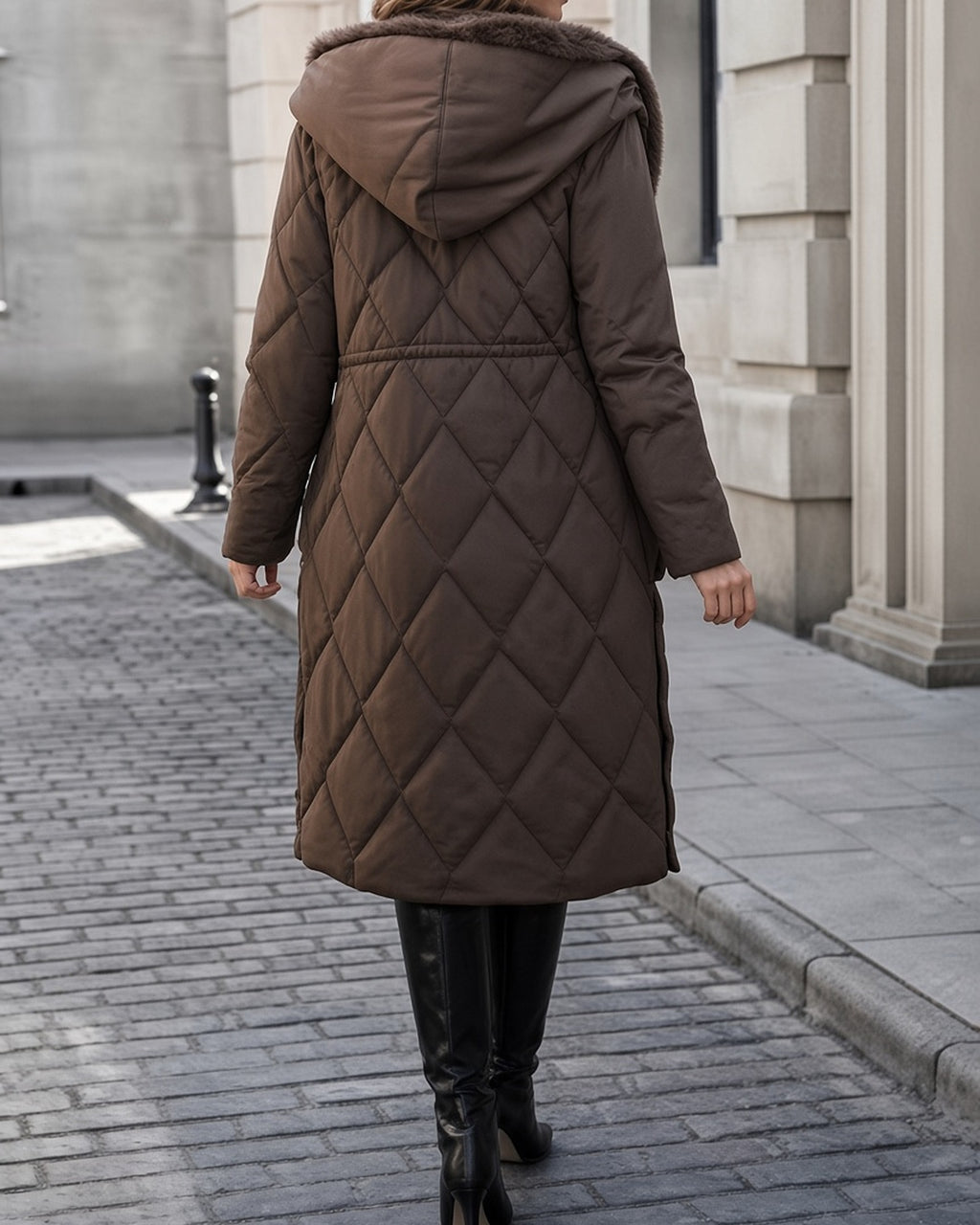 Women's Long Diamond Quilted Hooded Coat with Drawstring Waist in Brown – back view