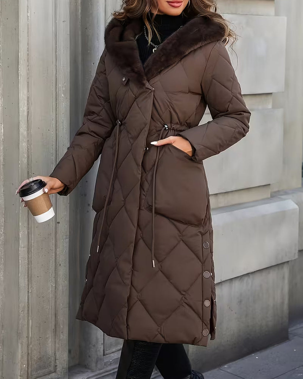 Women's Long Diamond Quilted Hooded Coat with Drawstring Waist in Brown – walking front view