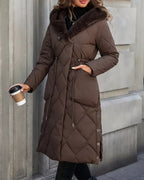 Women's Long Diamond Quilted Hooded Coat with Drawstring Waist in Brown – walking front view