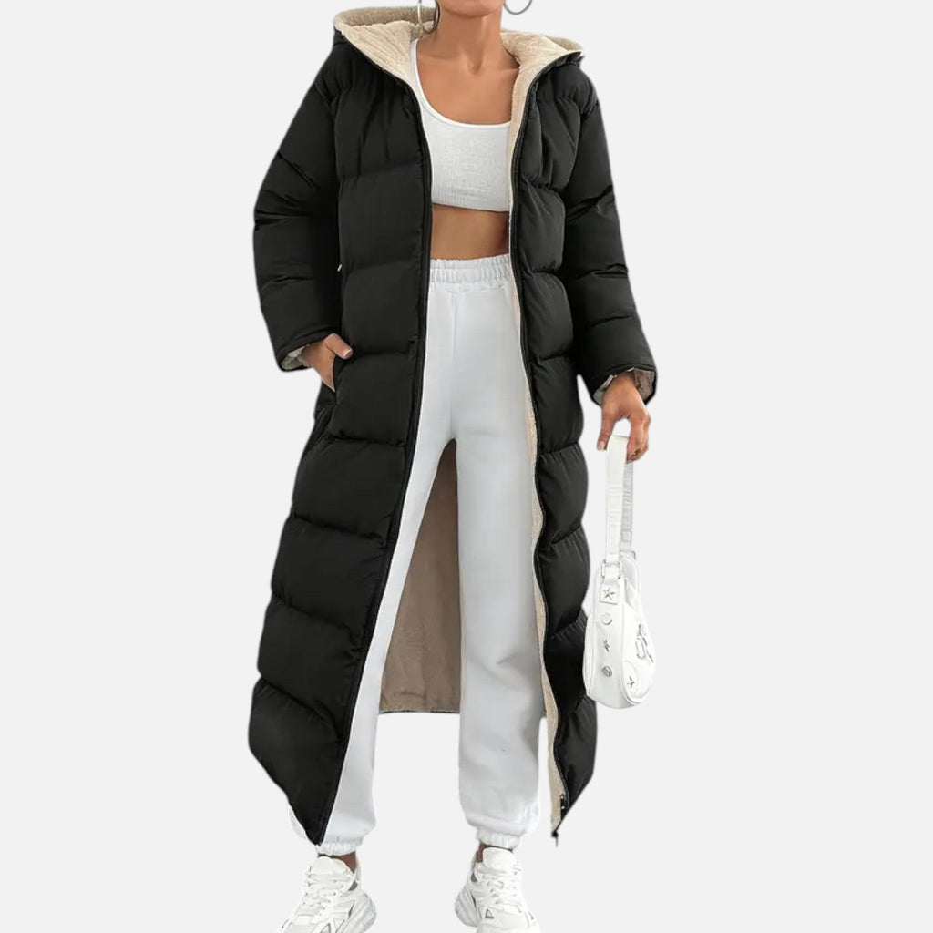 Women's Long Hooded Puffer Coat with Sherpa Lining and Zip Front