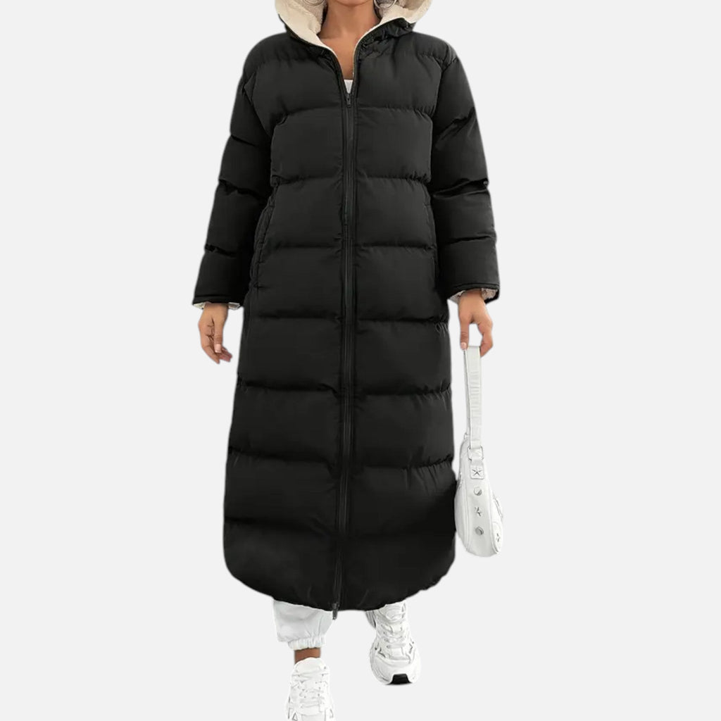 Women's Long Hooded Puffer Coat with Sherpa Lining and Zip Front