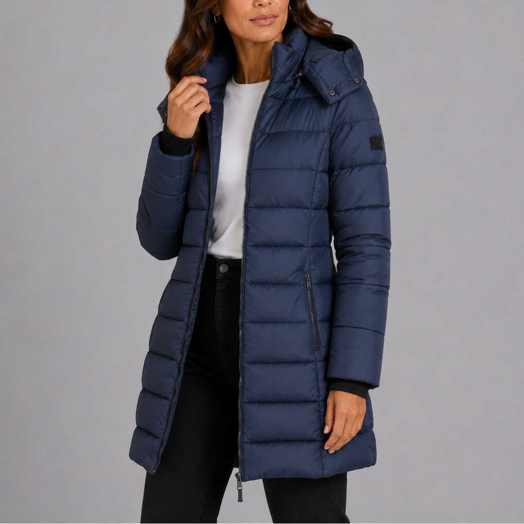 Women's Long Hooded Puffer Jacket with Zip Front and Pockets