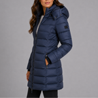Women's Long Hooded Puffer Jacket with Zip Front and Pockets