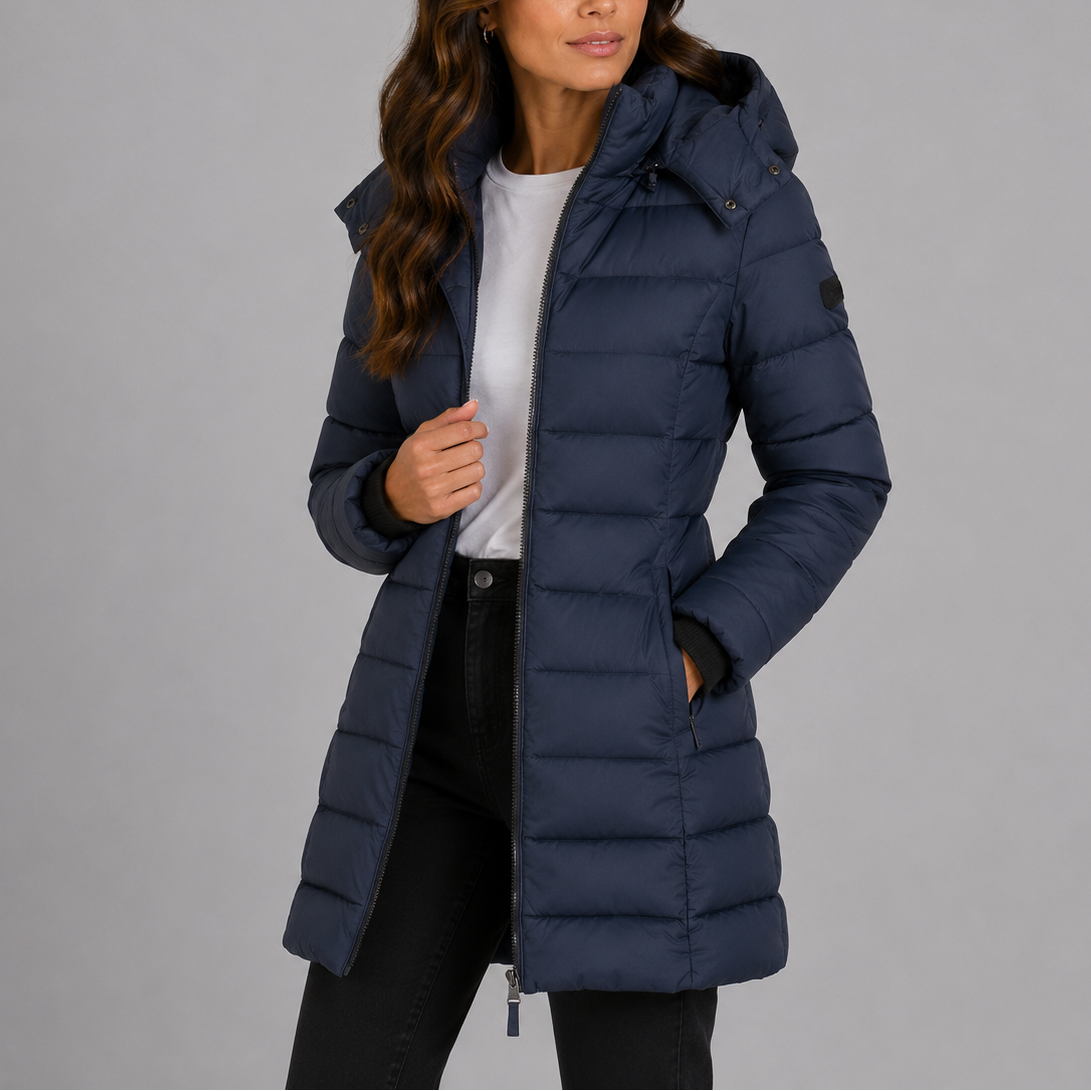 Women's Long Hooded Puffer Jacket with Zip Front and Pockets