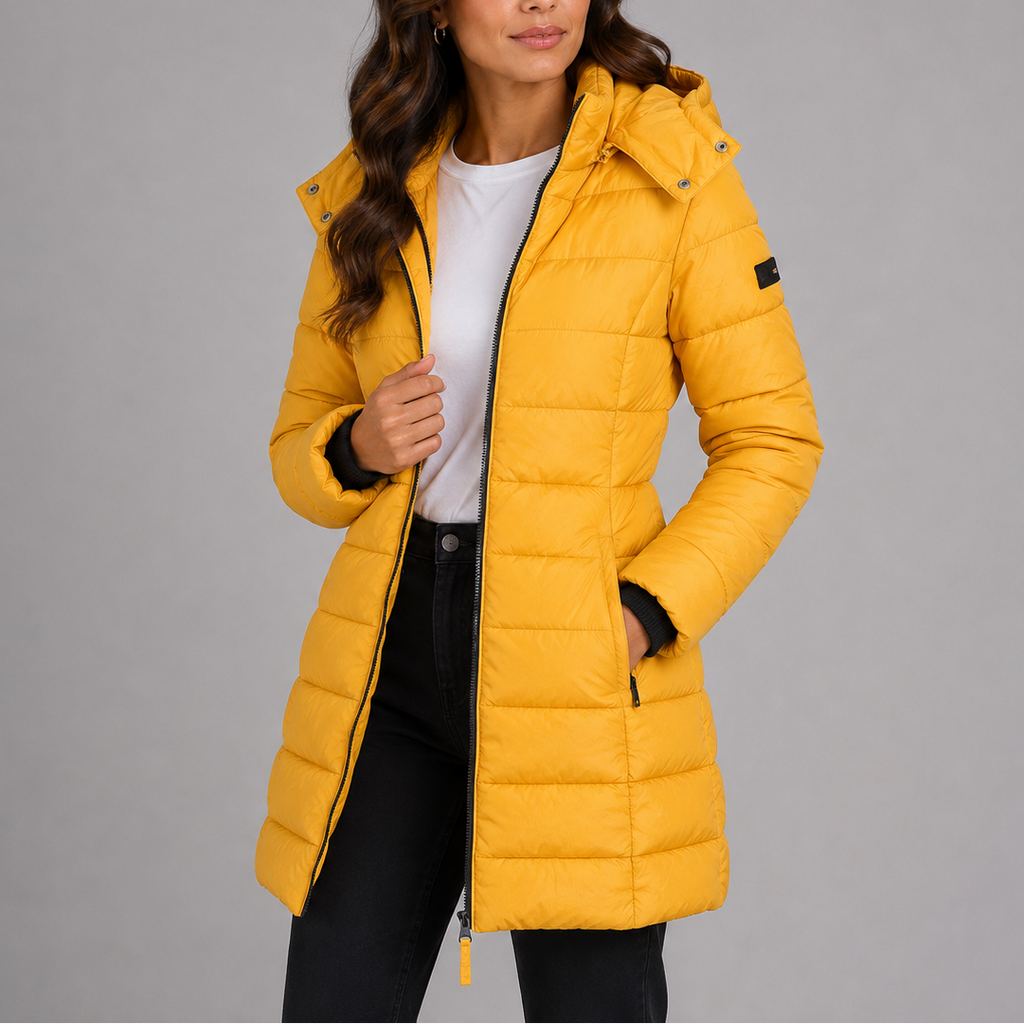 Women's Long Hooded Puffer Jacket with Zip Front and Pockets