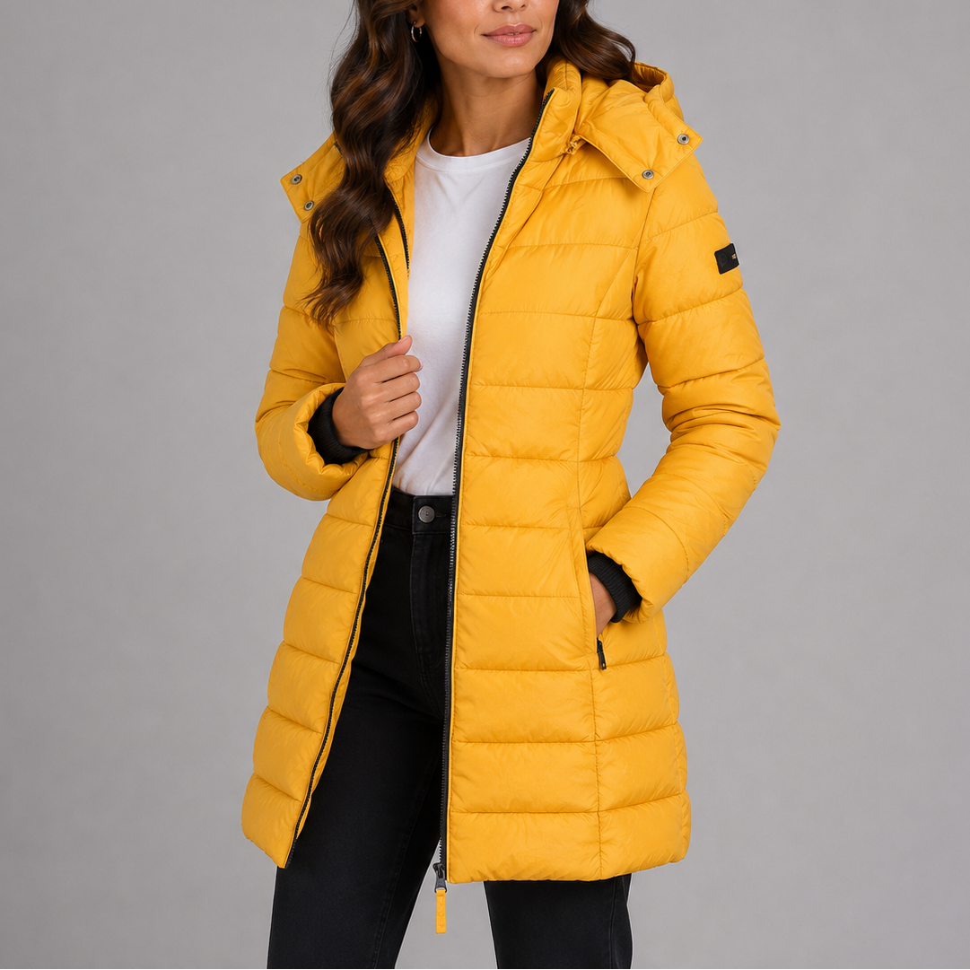 Women's Long Hooded Puffer Jacket with Zip Front and Pockets