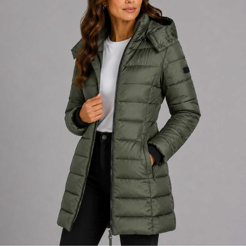 Women's Long Hooded Puffer Jacket with Zip Front and Pockets
