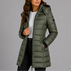 Women's Long Hooded Puffer Jacket with Zip Front and Pockets