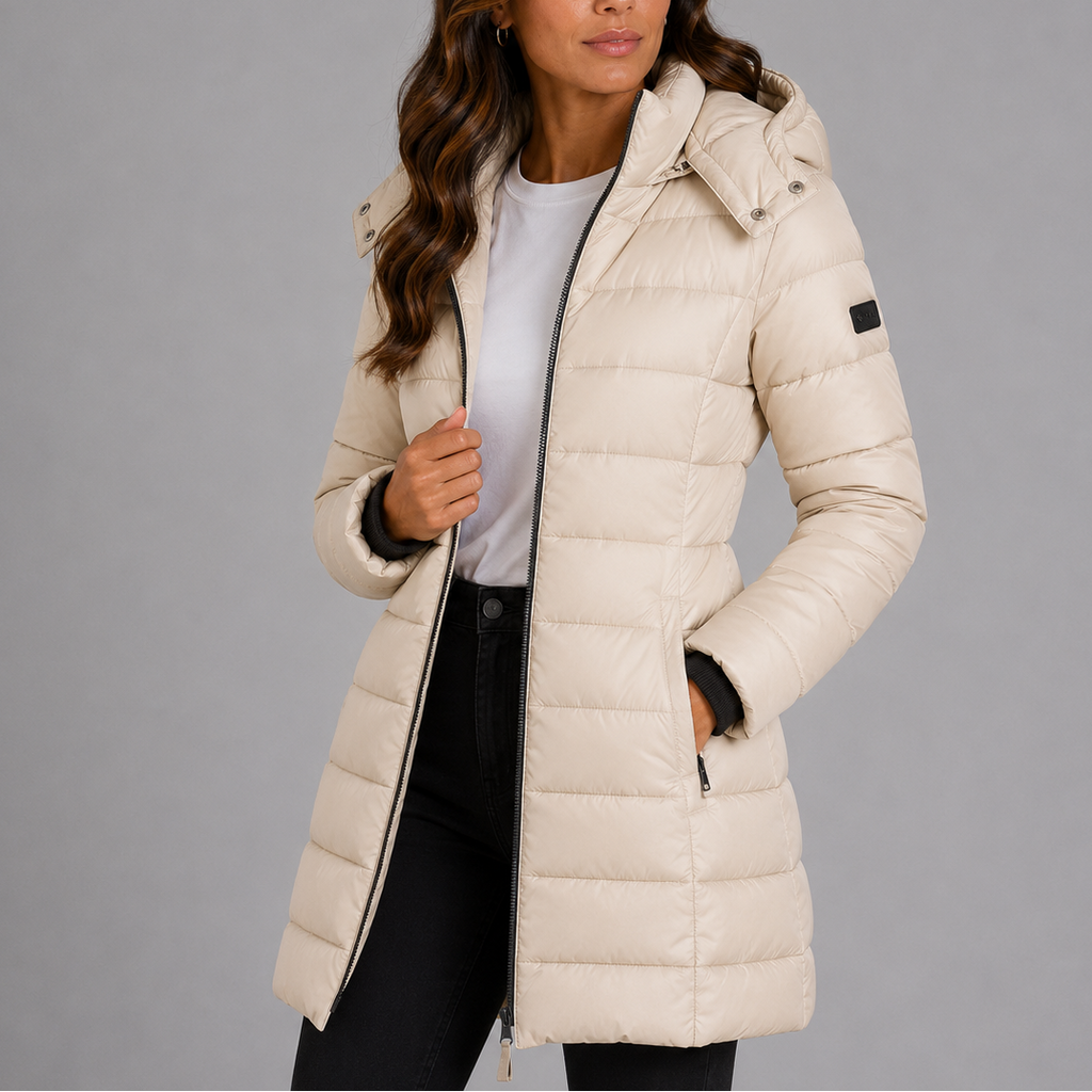 Women's Long Hooded Puffer Jacket with Zip Front and Pockets