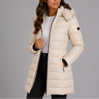 Women's Long Hooded Puffer Jacket with Zip Front and Pockets