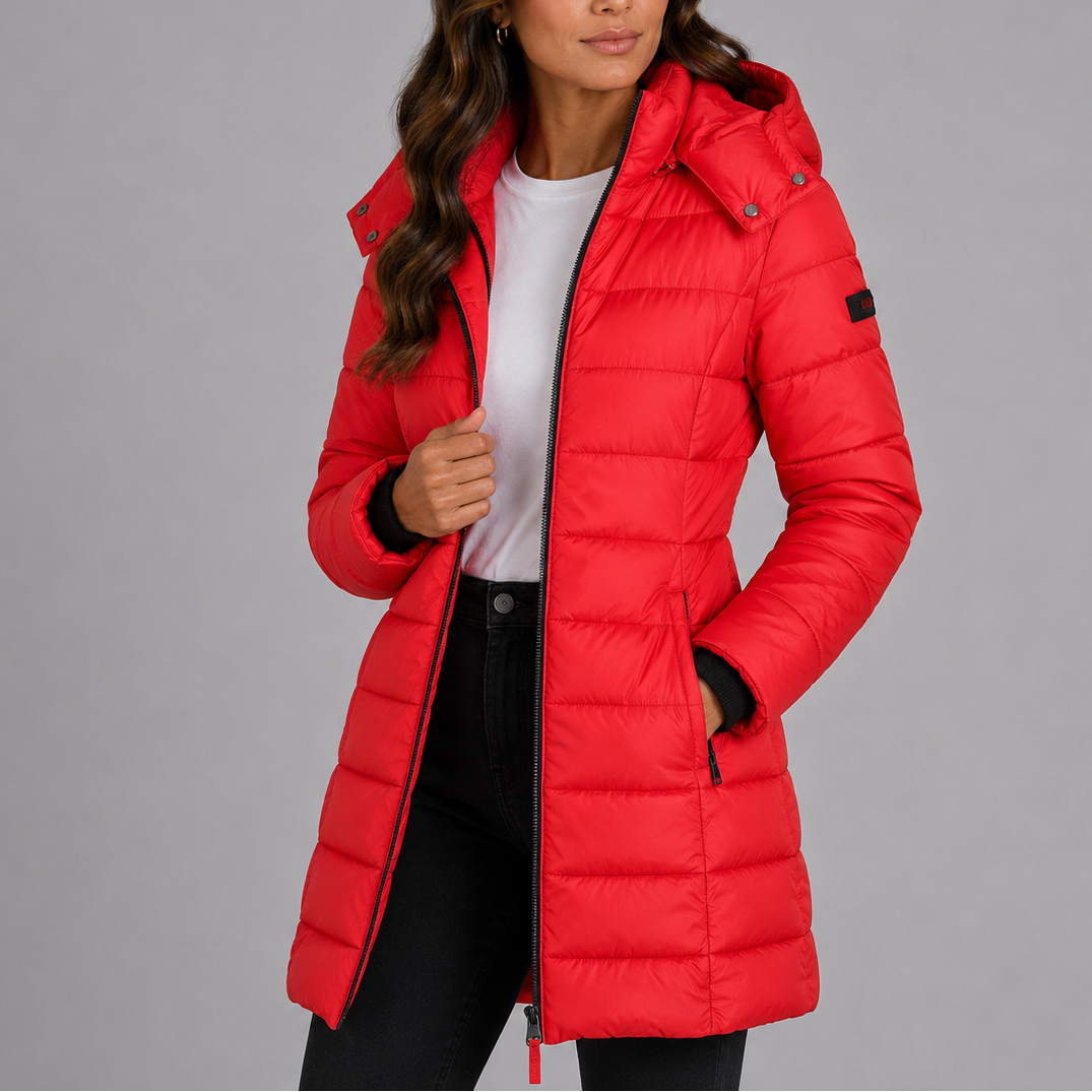 Women's Long Hooded Puffer Jacket with Zip Front and Pockets