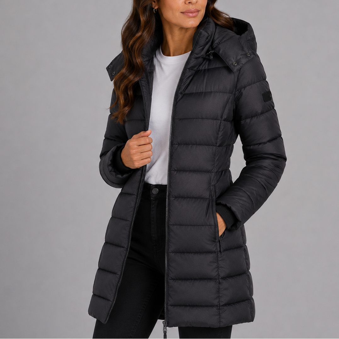 Women's Long Hooded Puffer Jacket with Zip Front and Pockets
