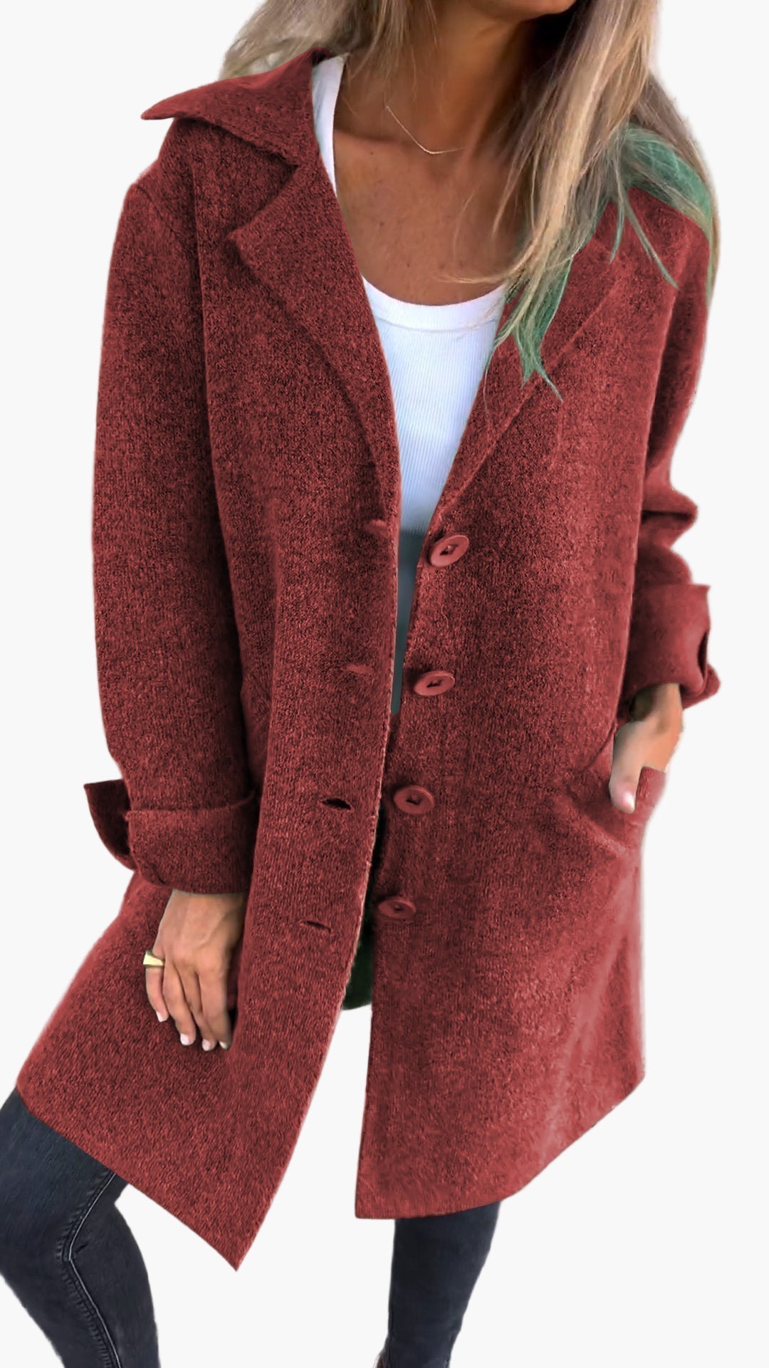 Women's Long Knit Cardigan with Collar and Button Front