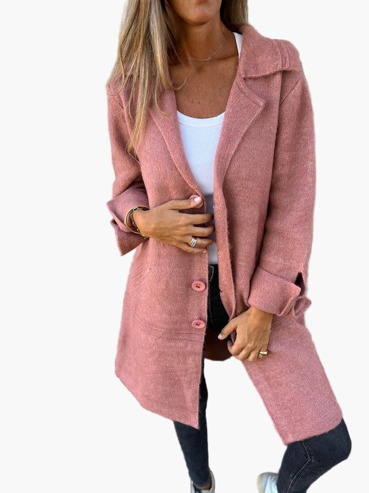 Women's Long Knit Cardigan with Collar and Button Front