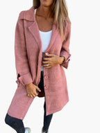 Women's Long Knit Cardigan with Collar and Button Front