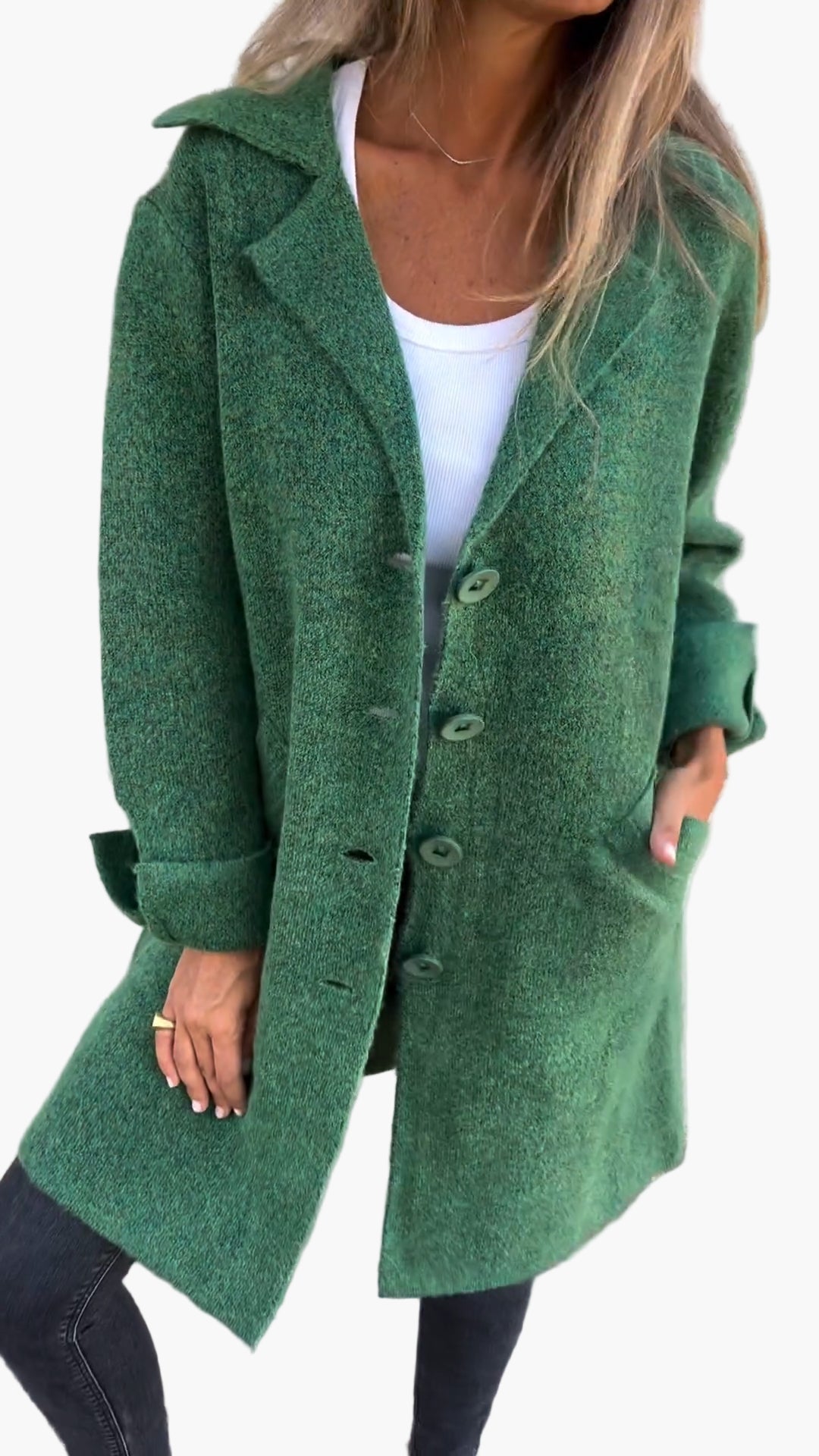 Women's Long Knit Cardigan with Collar and Button Front