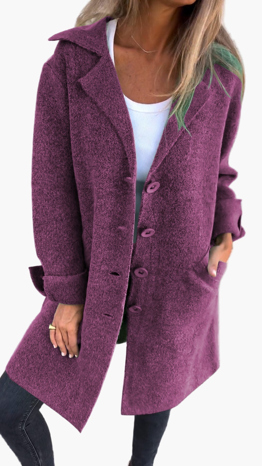 Women's Long Knit Cardigan with Collar and Button Front