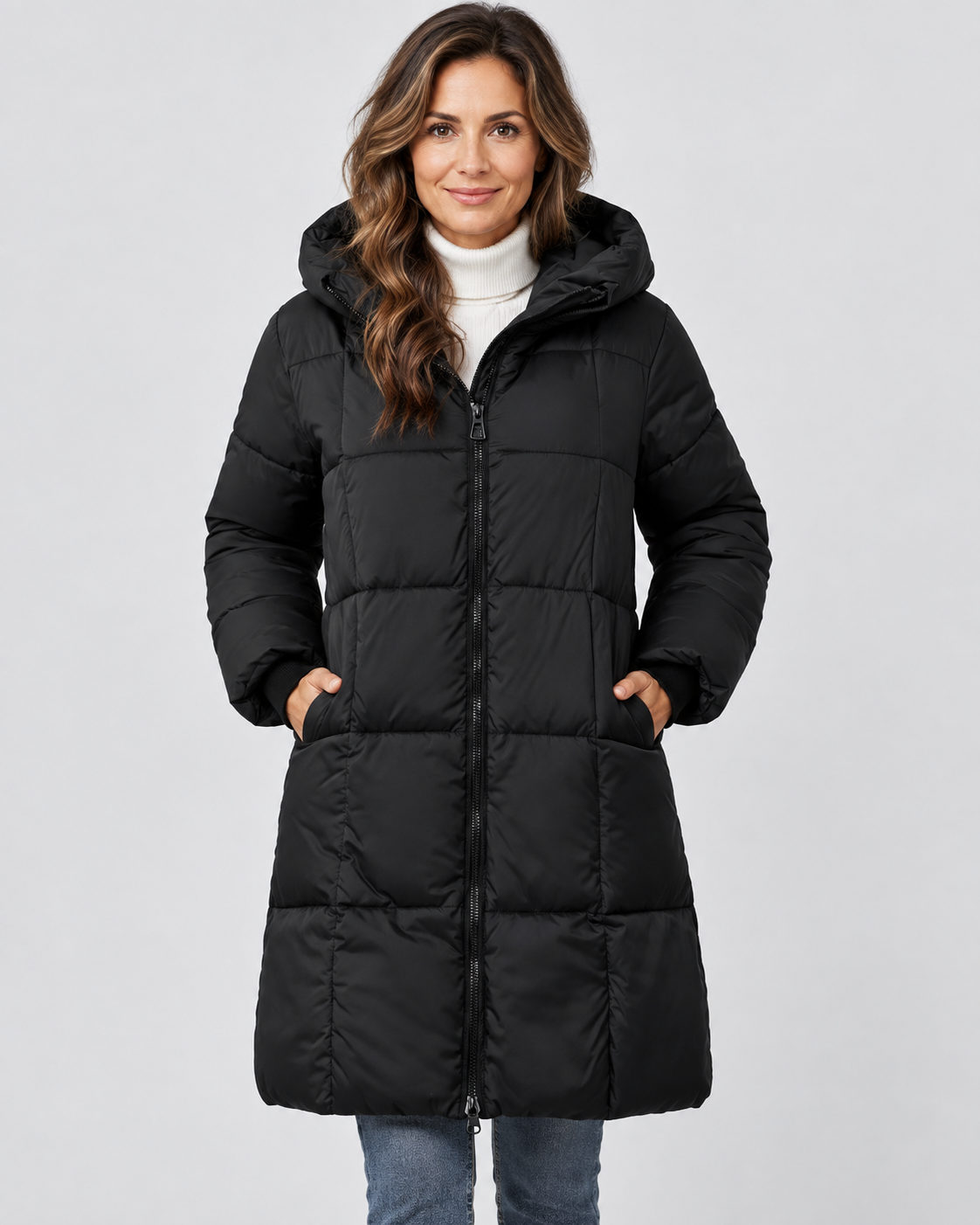 Women's Long Puffer Coat with Hood and Zip Front