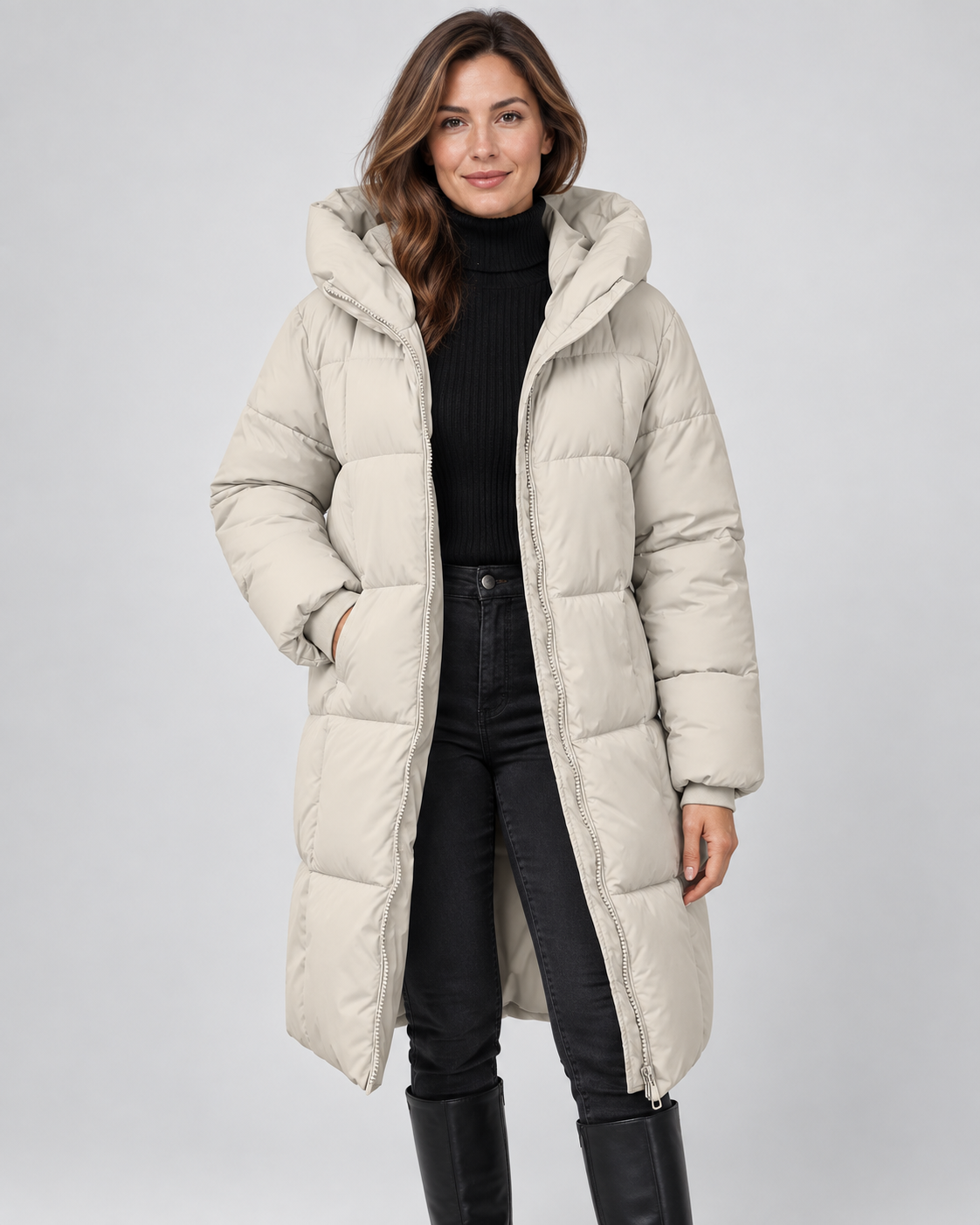 Women's Long Puffer Coat with Hood and Zip Front