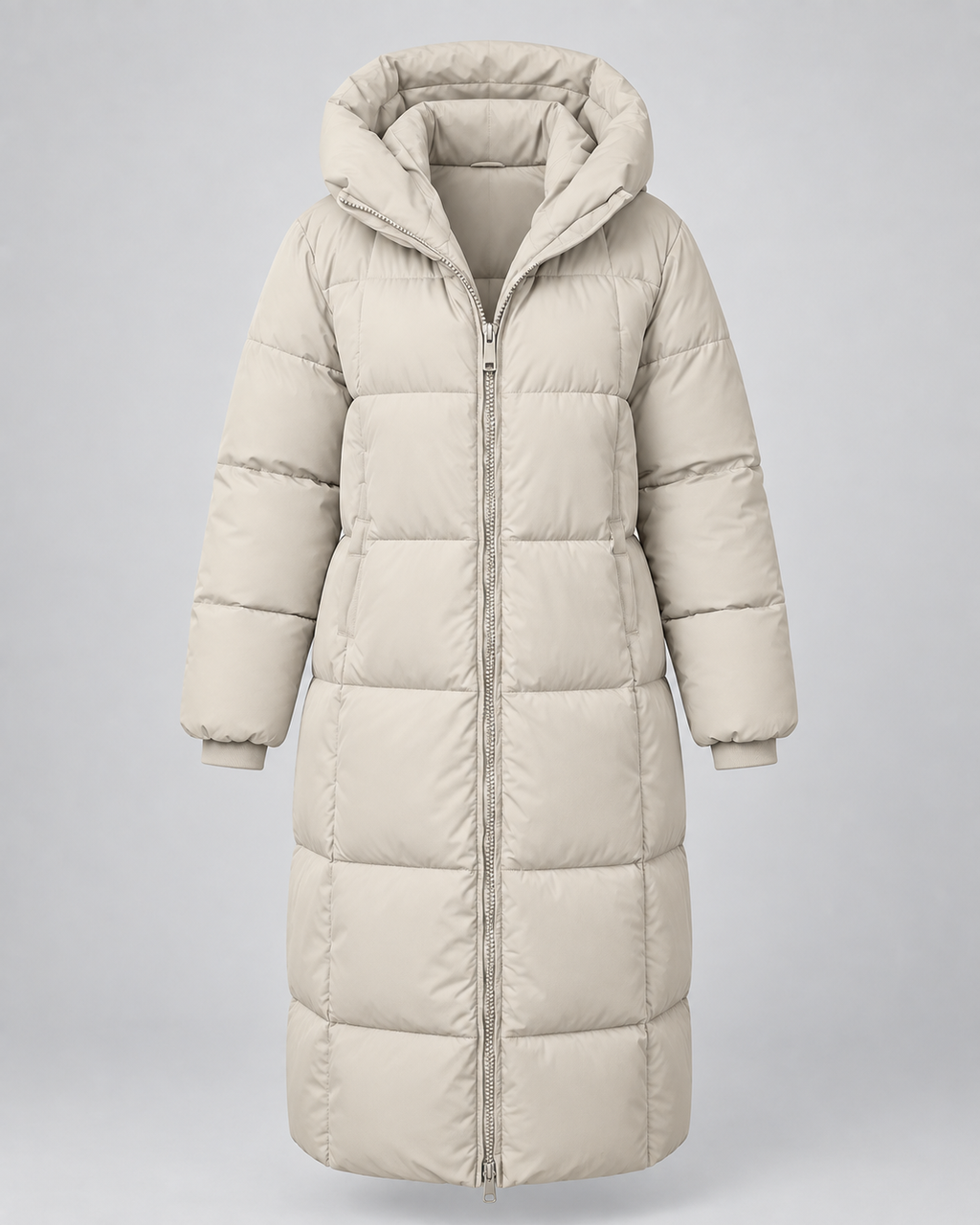 Women's Long Puffer Coat with Hood and Zip Front