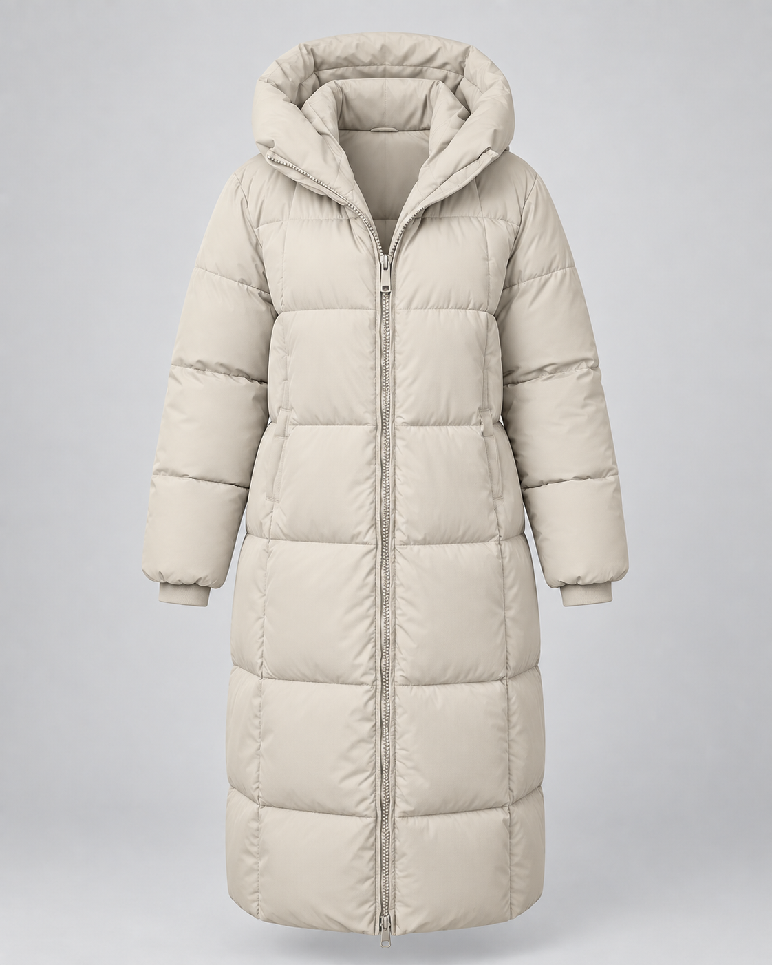 Women's Long Puffer Coat with Hood and Zip Front